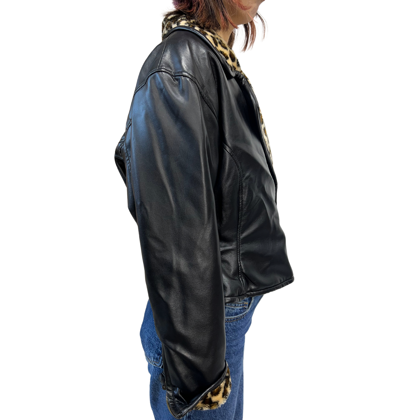1990s Vintage Faux Leather Jacket with Leopard Print Trim*