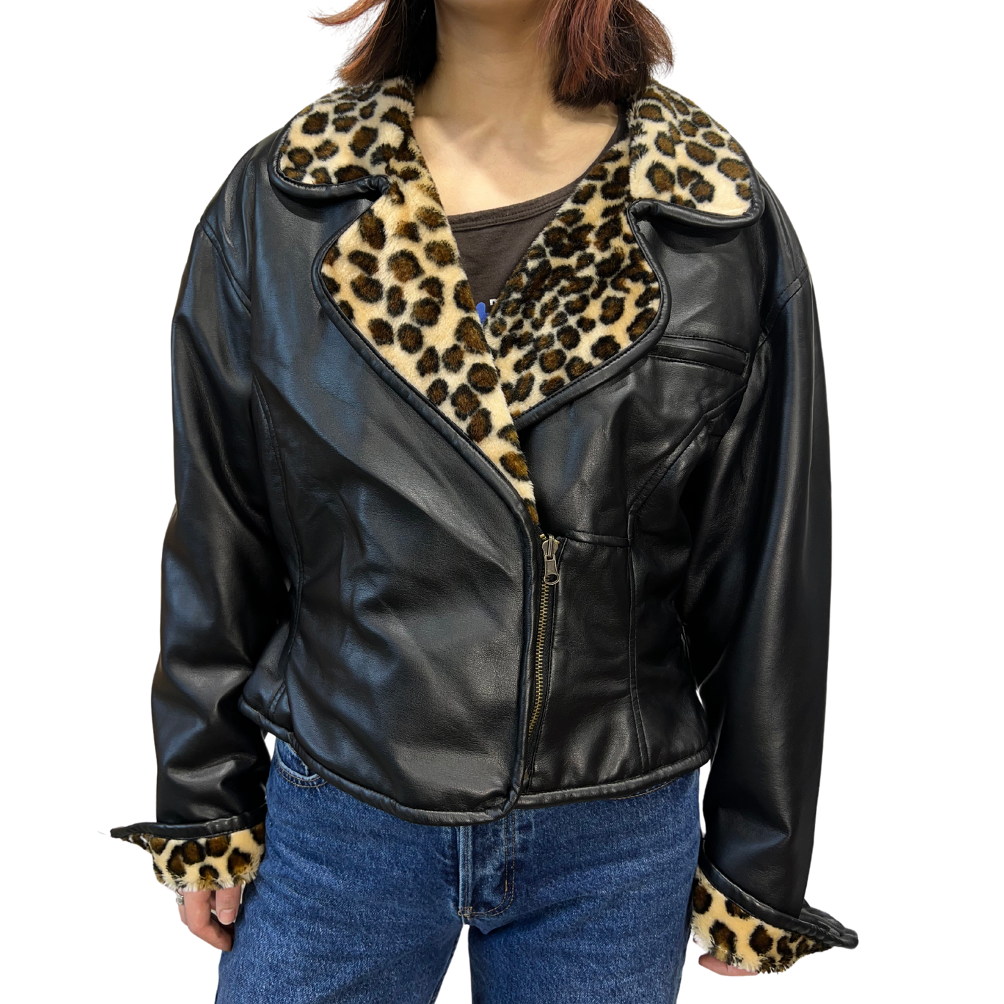 1990s Vintage Faux Leather Jacket with Leopard Print Trim*