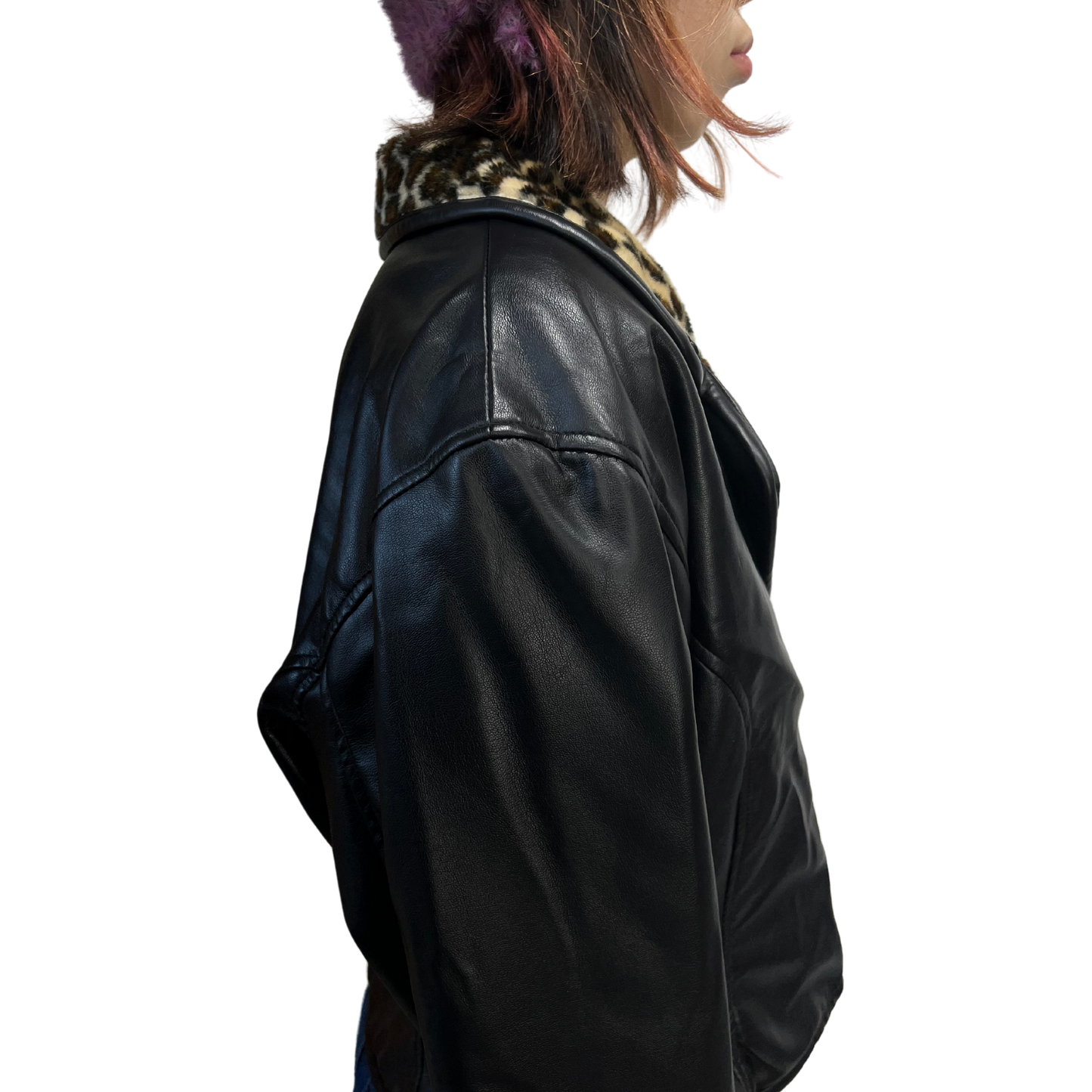 1990s Vintage Faux Leather Jacket with Leopard Print Trim*