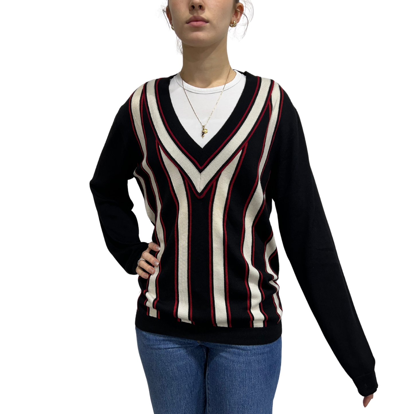 Vintage Gucci silk Wool Blend Stripe V-Neck Sweater*