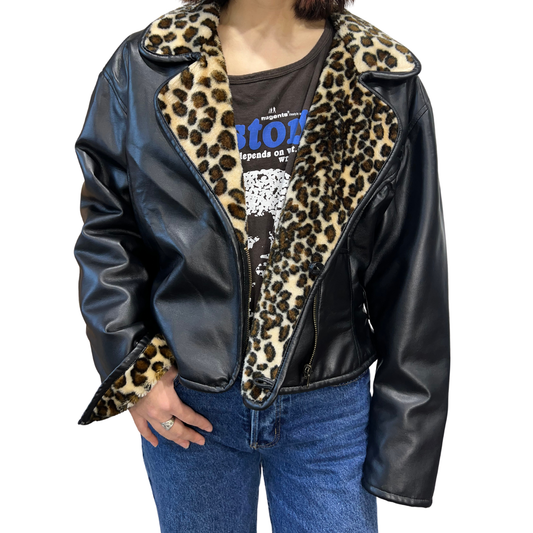 1990s Vintage Faux Leather Jacket with Leopard Print Trim*